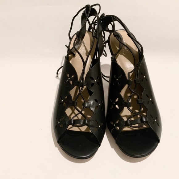 MICHAEL KORS THALIA BLACK LEATHER LACE UP SANDALS STILETTO HEELS SHOES PUMPS 9.5 - Picture 10 of 11
